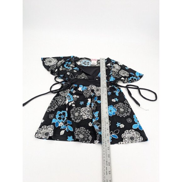 Fleurish Ladies Shirt Size M Ties In Back, Black, White & Turquoise Flower Print - Picture 2 of 5